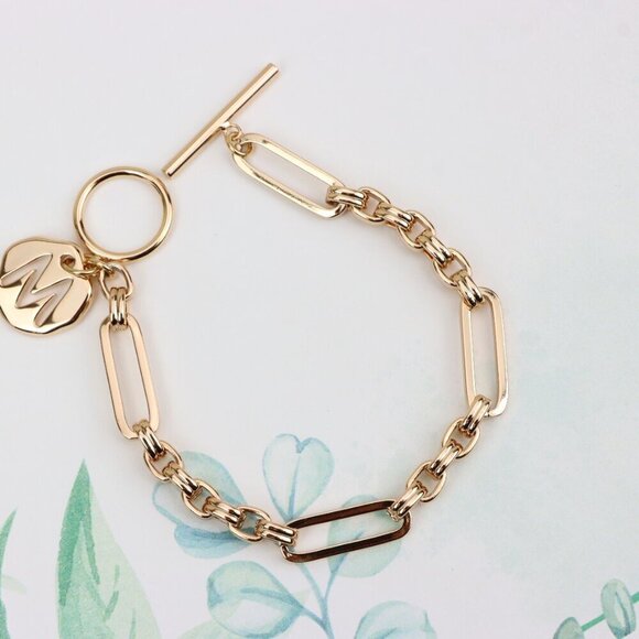 "Rose Gold Toggle Bracelet with M Charm and Chunky Link Chain, XPBL0893 - Picture 3 of 12